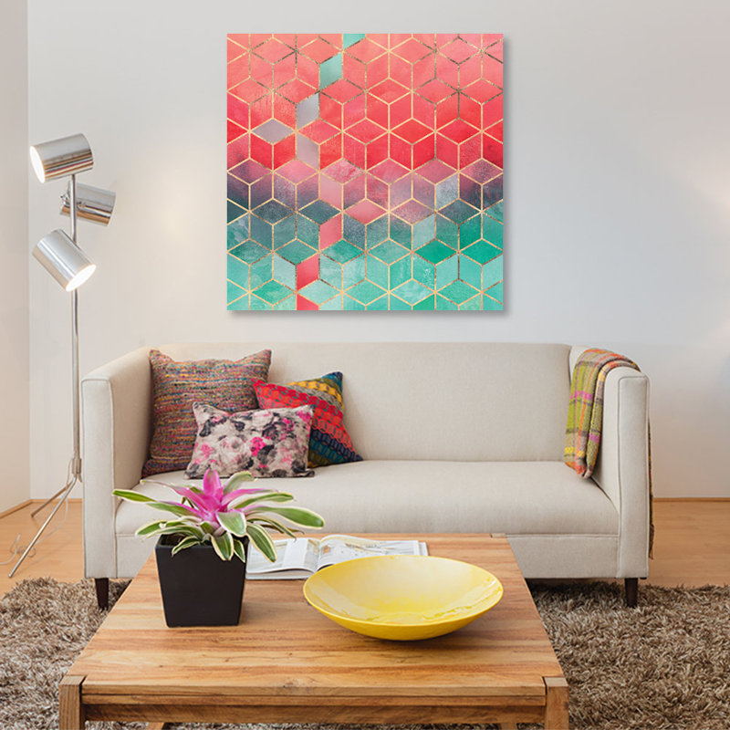 «Rose and Turquoise Cubes», impression sur toile, H 12 po x l 12 po x P 1,5 po, Toile tendue, Pas de tapis