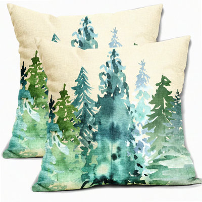 Nature's Tranquil Forest Pillow Covers - Set of 2 Watercolor Tree Rustic Style Decorative Throw Pillows. Perfect Winter Square Linen Cushion Case for Home Sofa, Couch, Bed, Outdoor Décor.