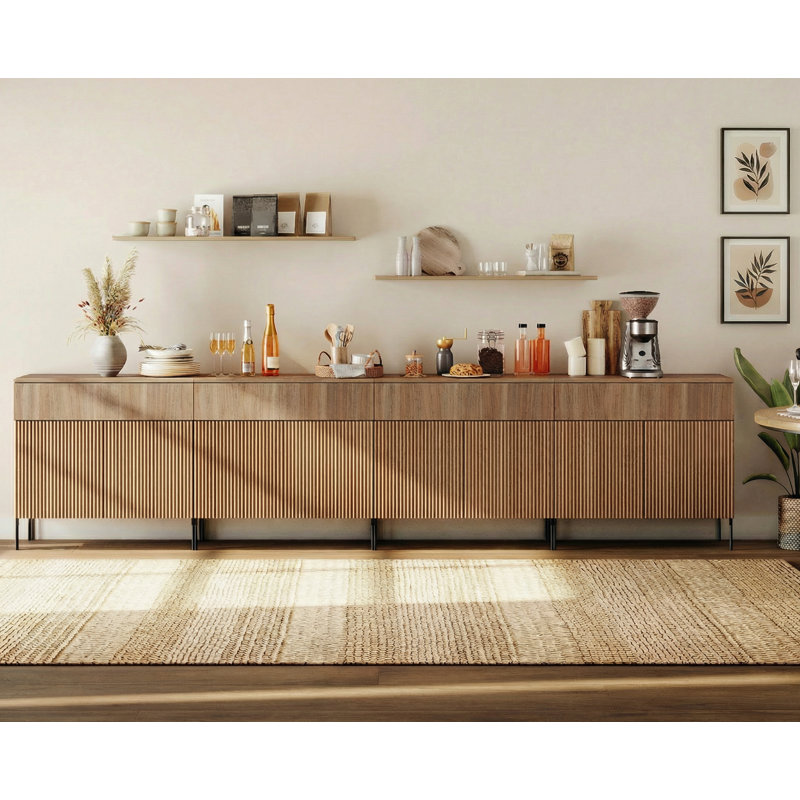 Union Rustic 126" Wooden Reeded Sideboard With Doors And Drawers, 4-In-1 Modern Wide Credenza Storage Cabinet For Kitchen, Dining Room