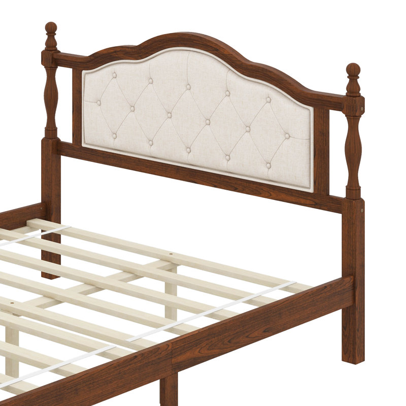 Grand lit en bois de pin avec tête de lit tapissier et pied de lit à panneau