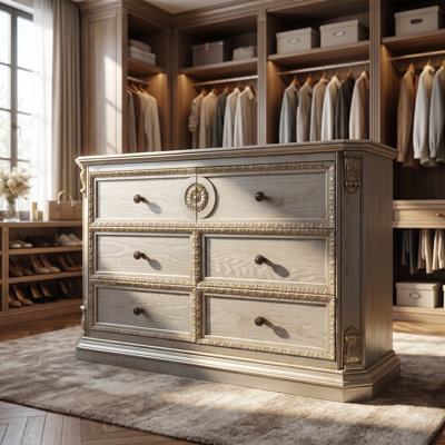 Gold Jewelry Armoire Closet Island with 6 Drawers – Carved Resin Details