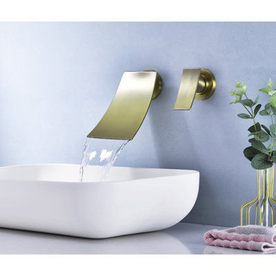 Wall Mount Widespread Bathroom Faucet In Golden Glow - Wide Waterfall Spout For A Radiant And Precise Control Glamorous Interior With