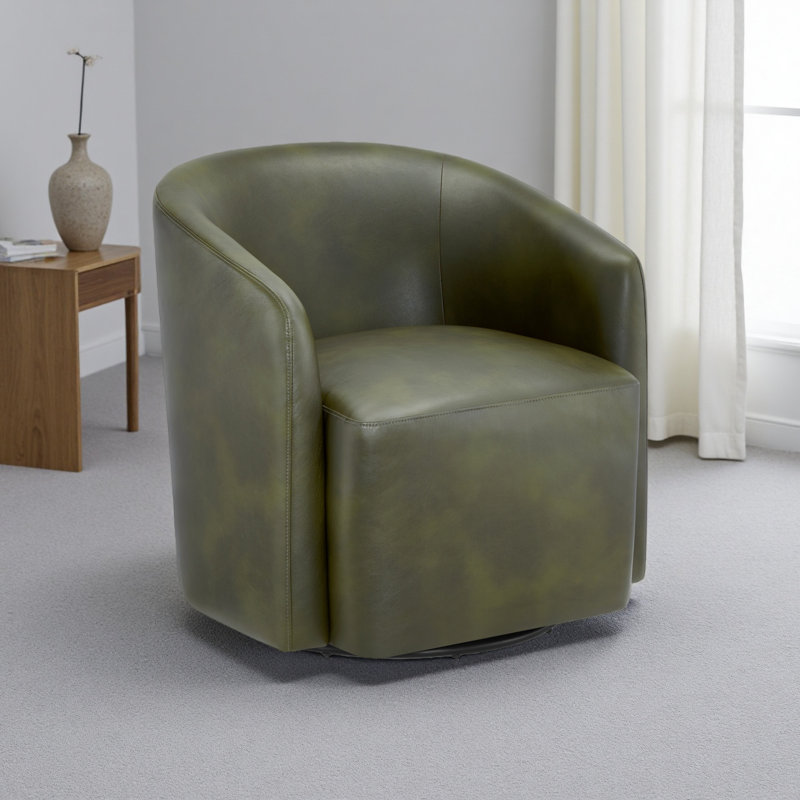 Armino Midnight Faux Leather Swivel Barrel Chair, Fern Green Faux Leather
