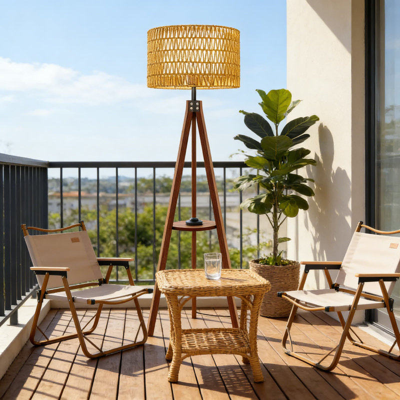 Boho Rattan Floor Lamp With Shelf And Bulb Included, Adjustable 3-Color Temperature Tripod Floor Lamp With Foot Switch, Rustic Wood Standing Lamp For Living Room And Bedroom