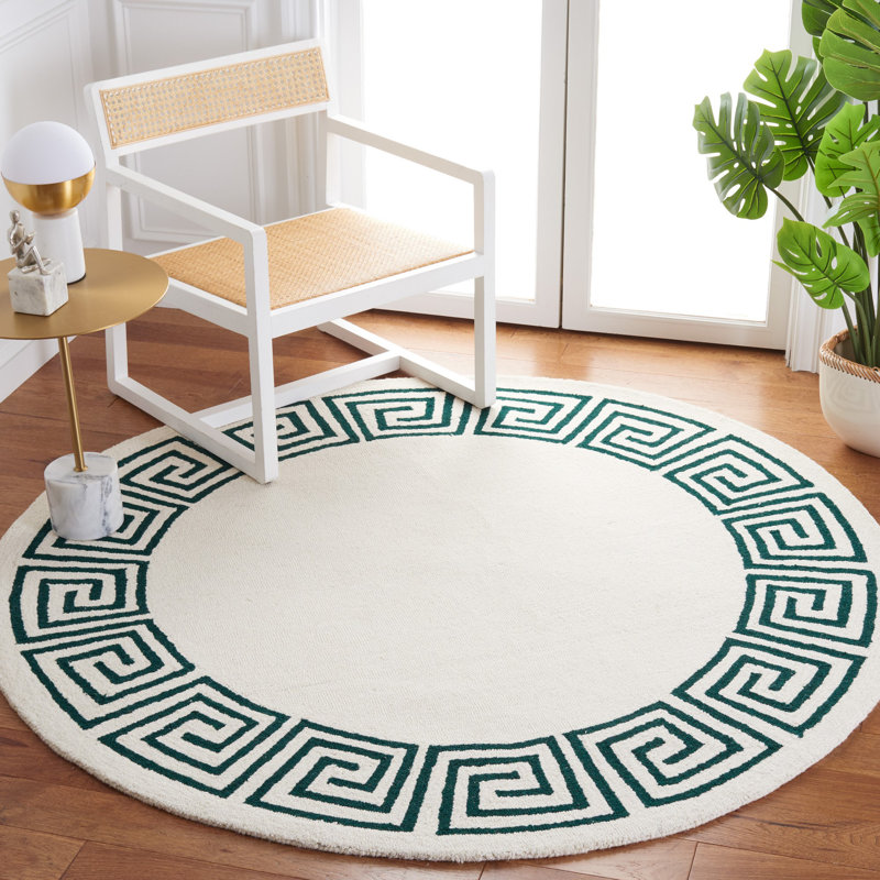 Diljana Hand Tufted Wool/Cotton Greek Key Border Rug in Ivory/Green, Round 6'