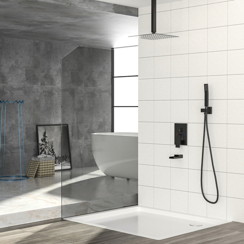 Douche carrée noire de 16 pouces pour installation au plafond, bec de baignoire en cascade, 3 fonctions avec douches de pluie et à main, système de fixation de douche à corps plein, valve équilibrée Scald, réglage à 360 °
