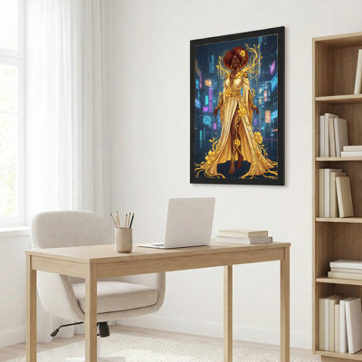 «Golden Floral Woman In Futuristic City», reproduction d'art sur toile tendue sur toile, ensemble de 1