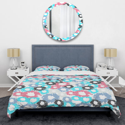 Motif de cercles bleus et roses - ensemble de housse de couette abstrait - microfibre de polyester