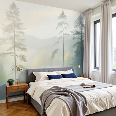 Peel and Stick Wallpaper Misty Pine Forest Landscape Soft Morning Fog Subtle Light Vintage Wall Murals 100"H x 144"W Removable PVC Wall Paper Self-Adhesive Wall Decor for Bedroom Living Room Home Office
