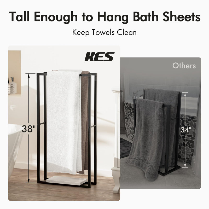 Porte-serviettes de salle de bain sur pied en marbre noir mat à 2 niveaux, H 38,19 po x L 6,22 po x P 19,69 po