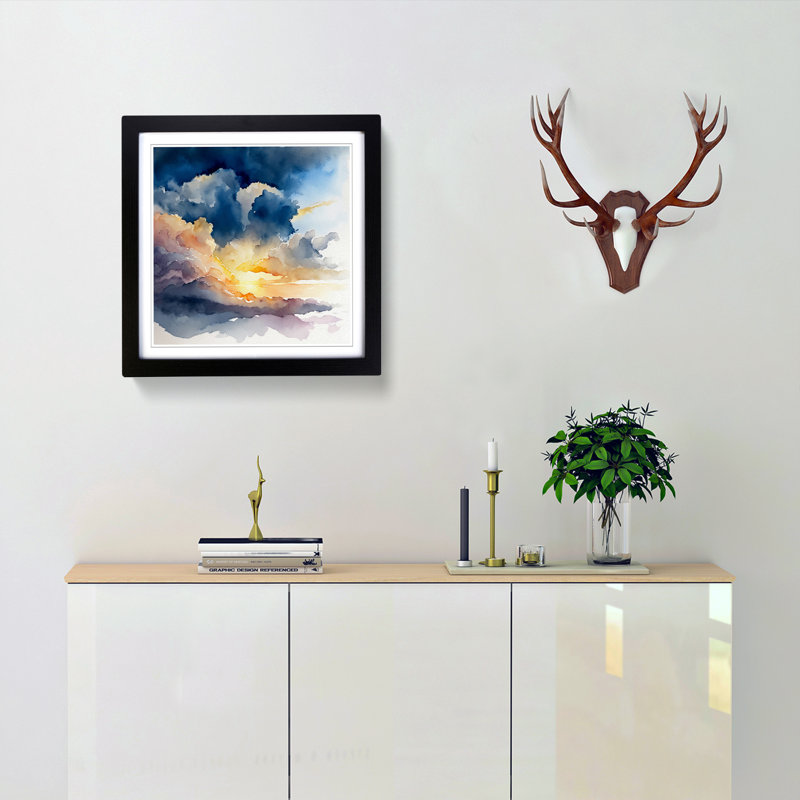 Cloudy Sky Watercolour No.1 - Single Picture Frame Print on Wood, Black