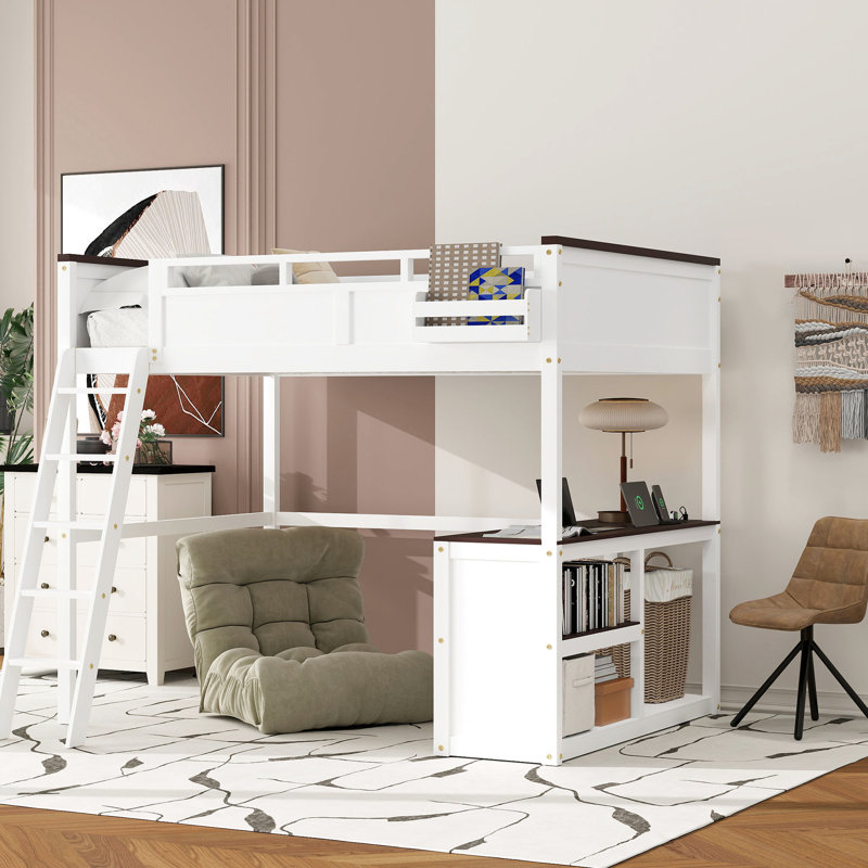 Grand lit mezzanine avec bureau, tablette ouverte et boîte de rangement, couleur blanche - peu encombrant, design, assemblage facile