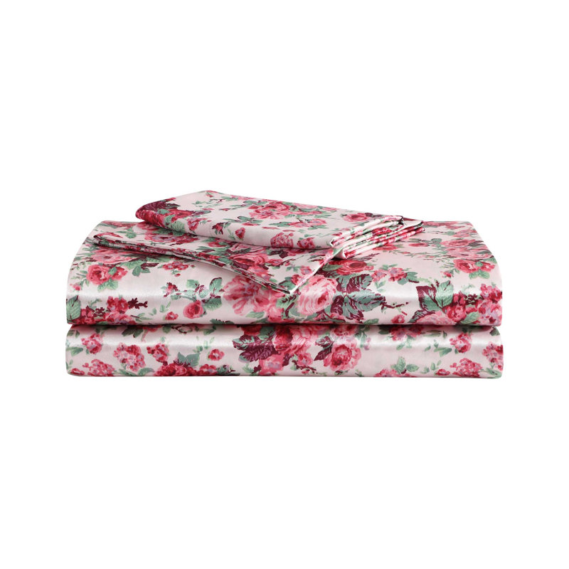 Betsey Johnson Soft Satin Sheet Sets, Full Sheet Set with 2 Pillowcases, Vintage Floral
