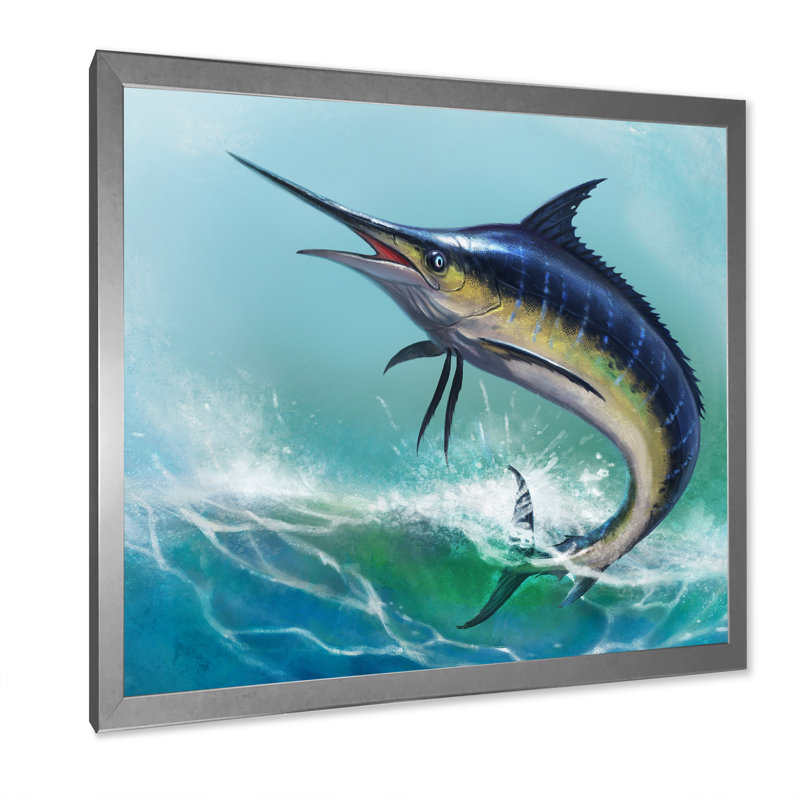 Marlin bleu dans l'océan - Peinture, H 16 po x l 16 po, Cadre photo argenté