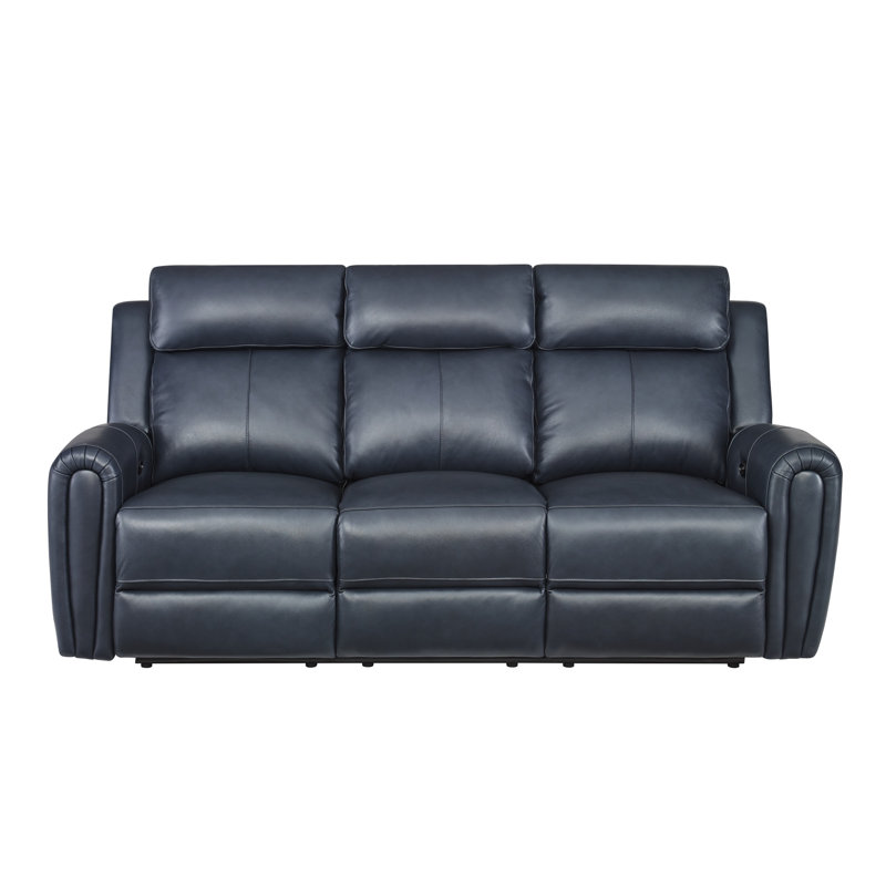 82''Wide Genuine Leather Power Reclining Sofa With Drop Down Table And 2 Cup Holders, Blue