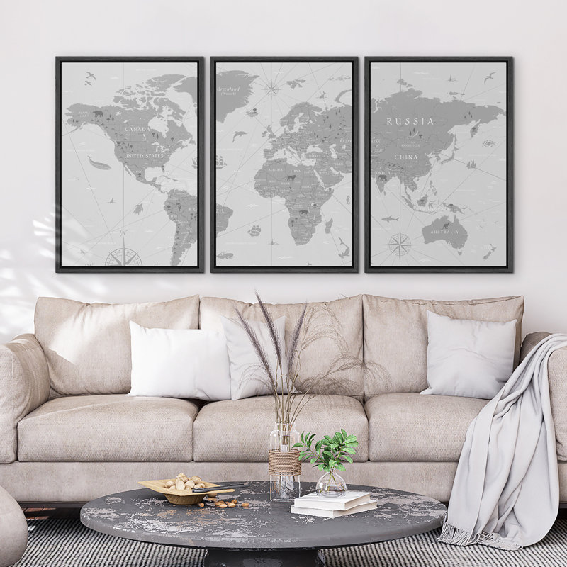 Carte du monde - impression sur toile, 3 pièces, H 24 po x l 48 po, Reproduction avec cadre flottant, Noir