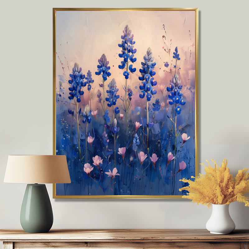 Blue Sunrise Splendor Blue Bonnets II - Blue Bonnets, art mural, Cadre flottant doré, H 20 po x l 12 po x P 1 po