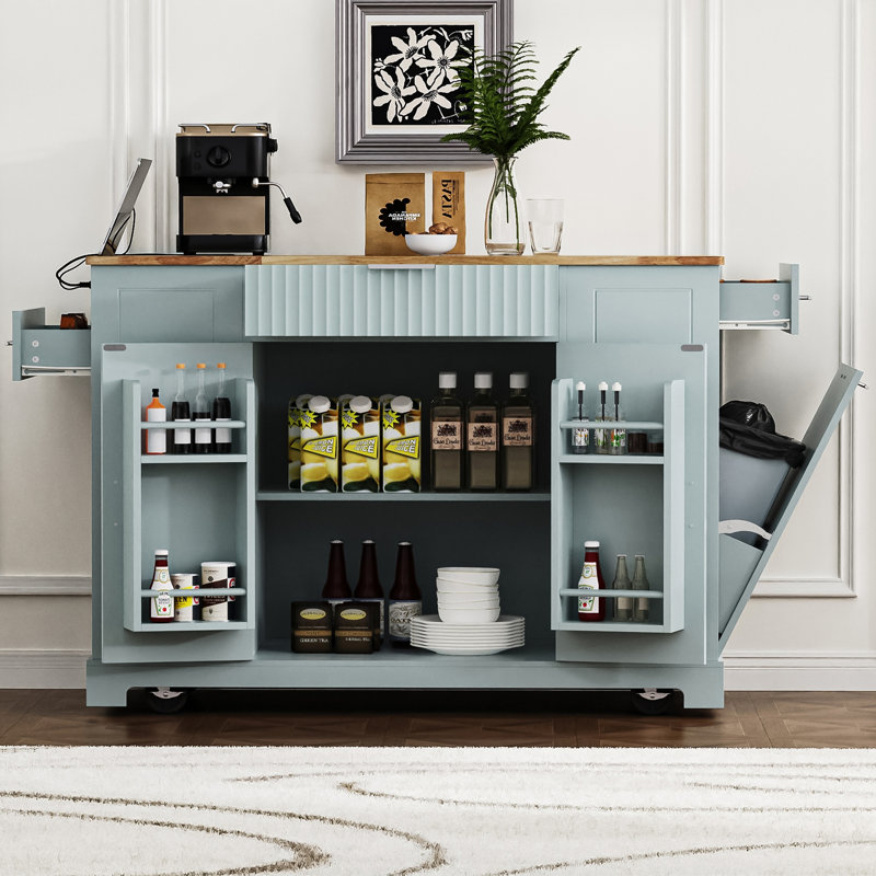 Fluted Kitchen Island with Trash Can Storage Cabinet, Power Outlet, Internal Storage Rack, Rolling Kitchen Islands on 5 Wheels with 3 Drawer, 3 Open Side Racks for 10 Gallon Garbage Bin