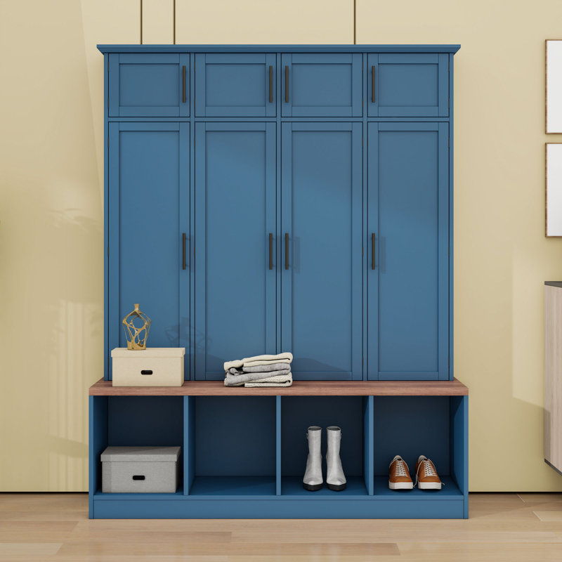 Classic 4-in-1 Entryway Hall Tree with Seating Bench, Shoe Storage, Hanging Hooks and Cabinets, Blue
