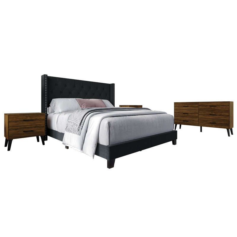 Ensemble de lit à oreilles simple Castle Place avec deux tables de chevet et commode, lin gris anthracite, Charcoal Grey