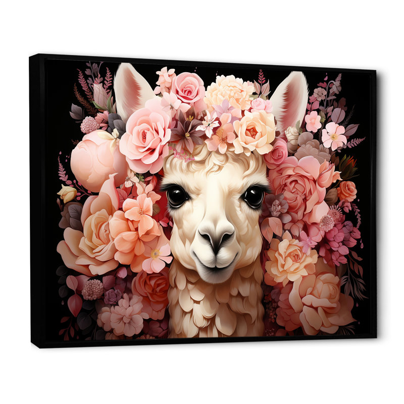 Fleur rose, couronne d'alpaga, art mural, Cadre flottant noir, H 34 po x l 44 po x P 1,5 po