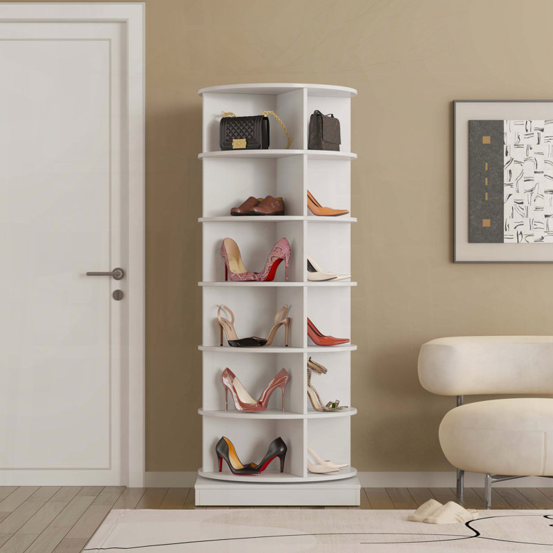 Gray 360 Rotating 6-Layer Shoe Cabinet, White, 56.14" H x 23.6" W x 23.6" D