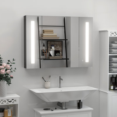 Armoire de rangement lumineuse pour salle de bain à DEL - 35,5 po x 25,5 po, fixation murale, miroir, 3 armoires, charge, fixation noire avec charnières coussinées l 35,5 po x H 25,5 po