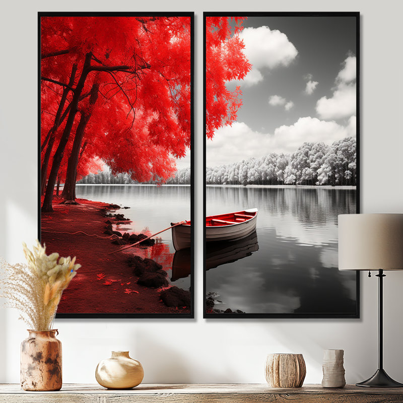 Red Lake Dockside Serenity - art mural traditionnel bleu, 32" H x 32" W, Black, Impression encadrée flottante