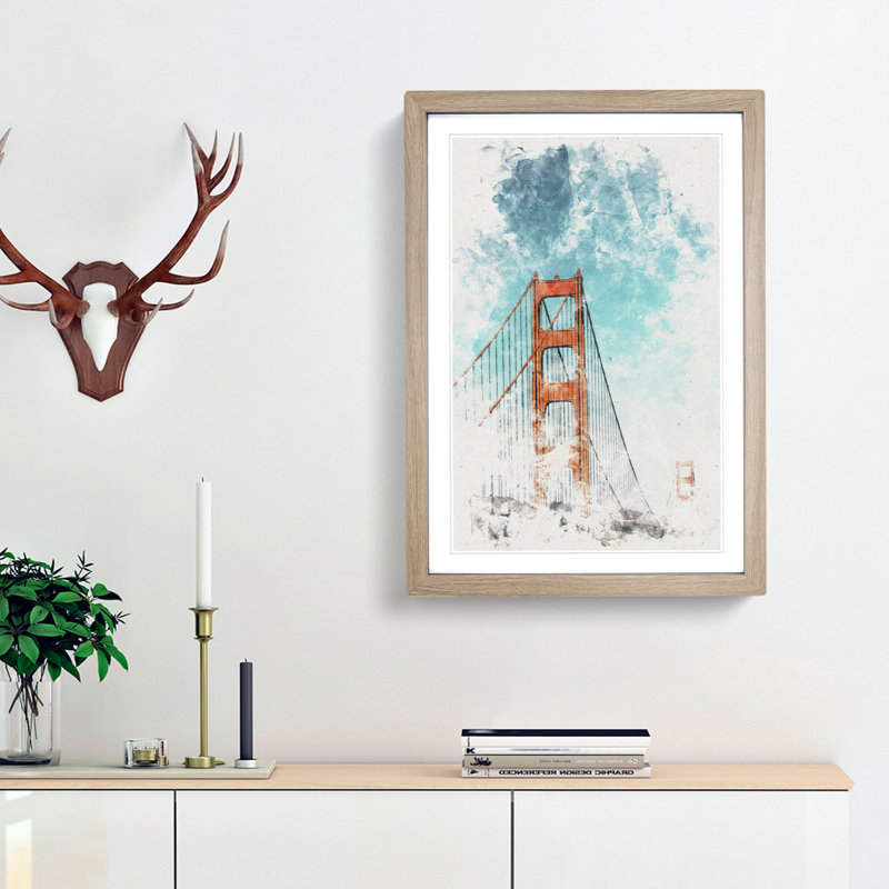 The Golden Gate Bridge - Picture Frame Graphic Art, 33cm H x 24cm W x 2cm D, Oak Framed