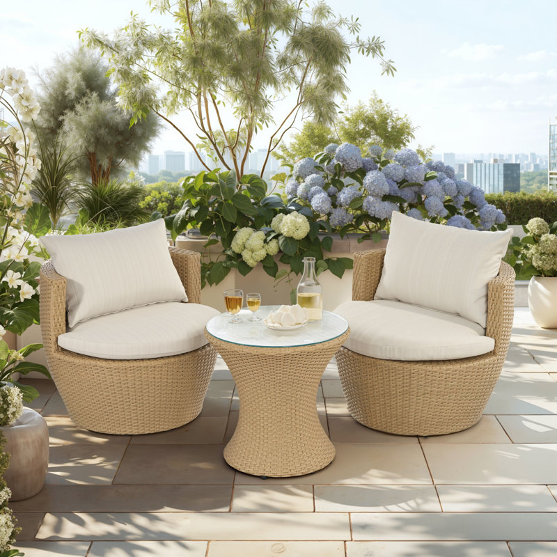 Wicker 2 - Person Patio Conversation Sets with Cushions, Beige Cushion/Ligth Brown Frame