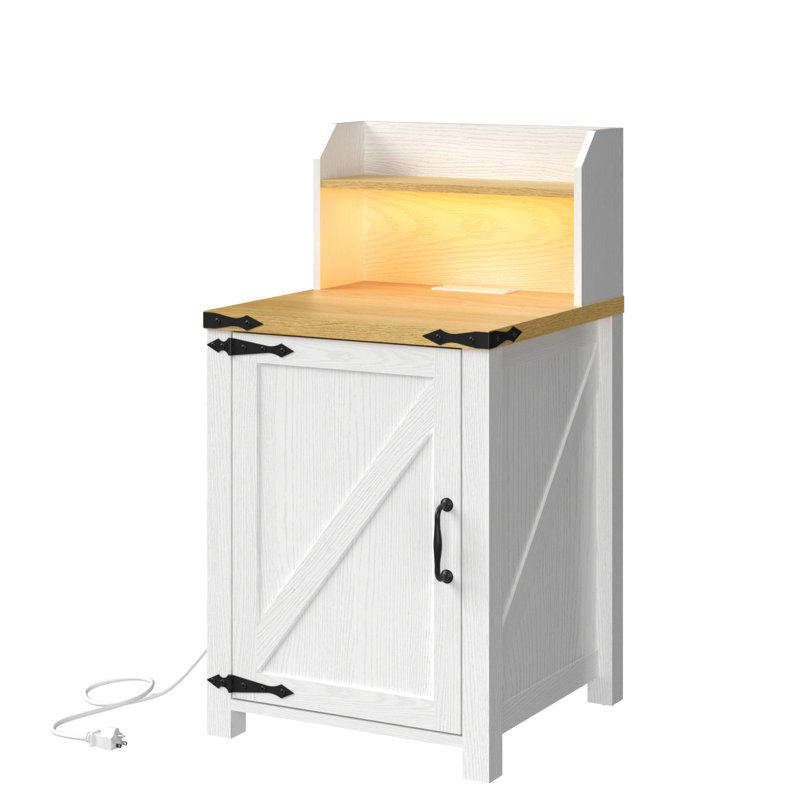 Farmhouse Nightstand With Charging Station, 18 Inch End Table With Barn Door And Adjustable Storage, Rustic Wood Sofa Side Table With Magnetic Door For Living Room, Bedroom, Antique White | Gift Idea