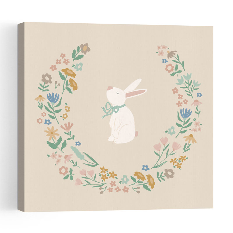 Flower Bunny Whimsical Contemporary Rabbit Spring Forest Wall Art Print, 45.72cm H x 45.72cm W