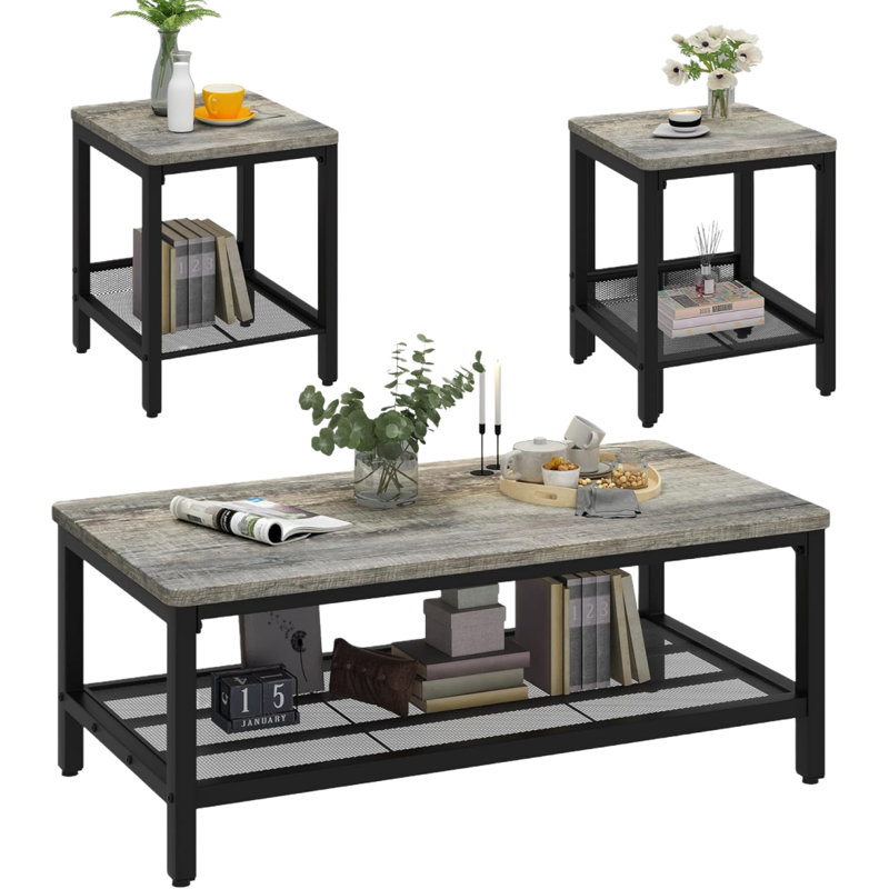 Industrial Coffee Table, Coffee Table Set Of 3 With 2 Square End Side Tables, Faux Marble Coffee Table With Metal Frame For Apartment Home Office, White Black