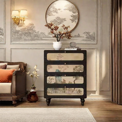 4-Drawer Ash Wood Cabinet with Brass Handles