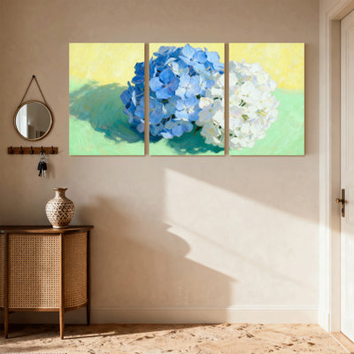 Hortensia, fleurs bleues et blanches sur fond jaune, ensemble de 3 impressions sur toile