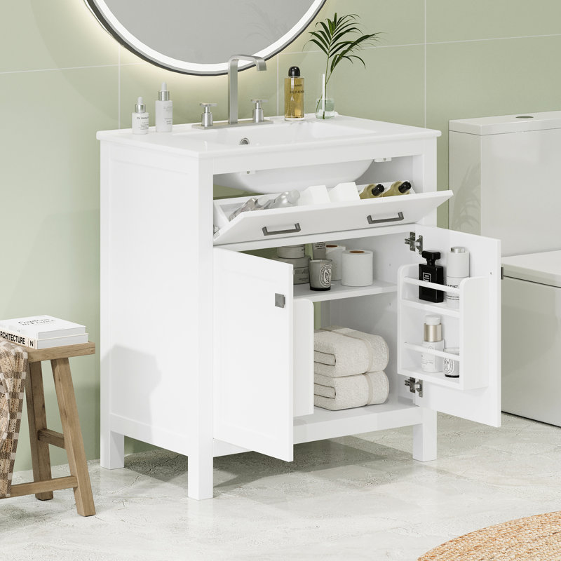 Meuble-lavabo moderne de 30 pouces avec lavabo en céramique, armoire blanche à 2 portes et tablette, porte à fermeture douce, lavabo robuste et structure robuste