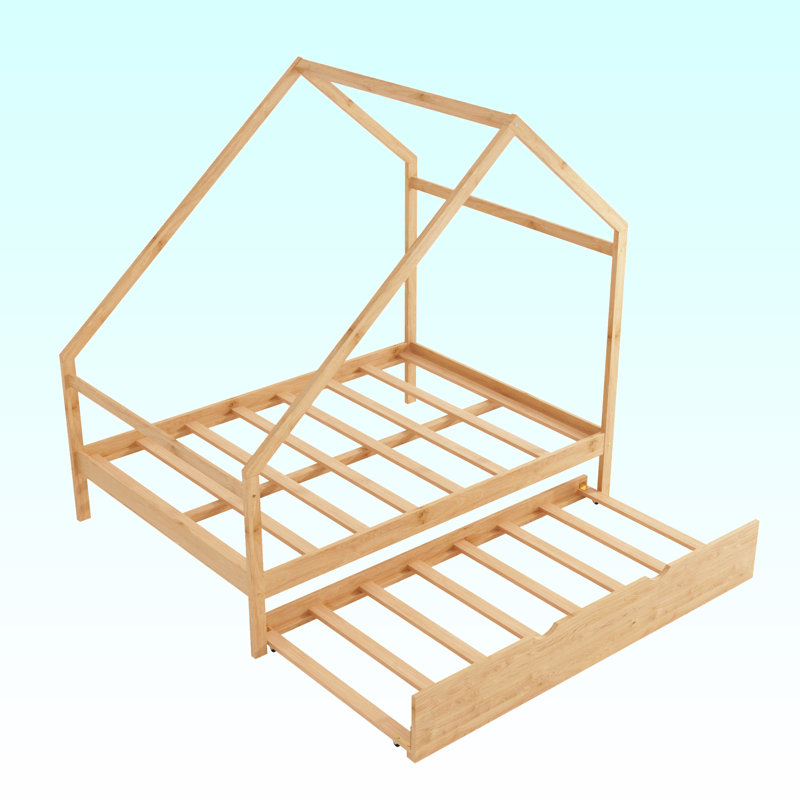 Lit double en bois avec lit gigogne simple, Naturel, Double
