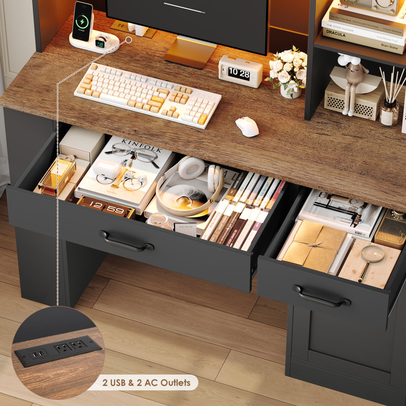 47.2”W * 70.9”H Smart Desk with Hutch, Computer Desk with Charging Station, 16-Color LED Lights, Magazine Rack & Adjustable Shelves, Home Office Writing Table for Work/Gaming