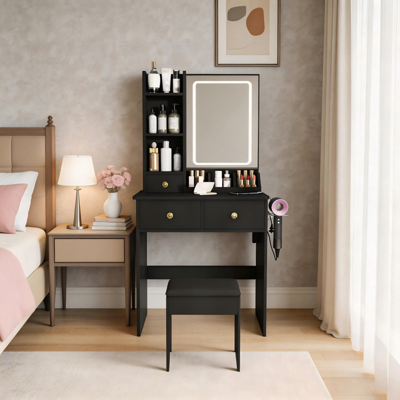 Petite coiffeuse moderne noire avec miroir DEL réglable à 3 couleurs, 3 tiroirs et tablettes ouvertes, support pour sèche-cheveux et prise électrique – Ensemble de toilette complet avec tabouret