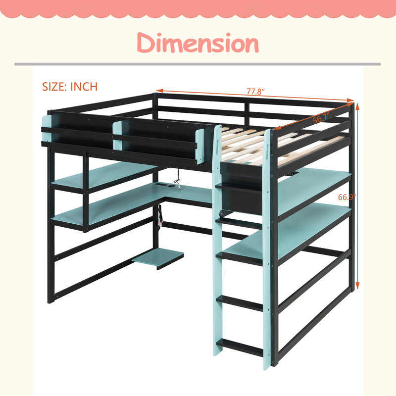 Lit mezzanine double en bois avec bureau, Lit double, Bleu nuage
