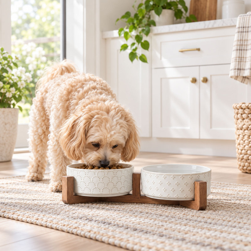 Ensemble de 2 bols en céramique pour chien avec support en bois d'acacia