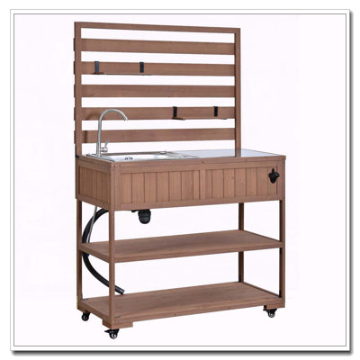 41.7'' Large Patio Rolling Kitchen Island Solid Wood Kitchen Cart with Sink, Garden Potting Bench with Stainless Table Top
