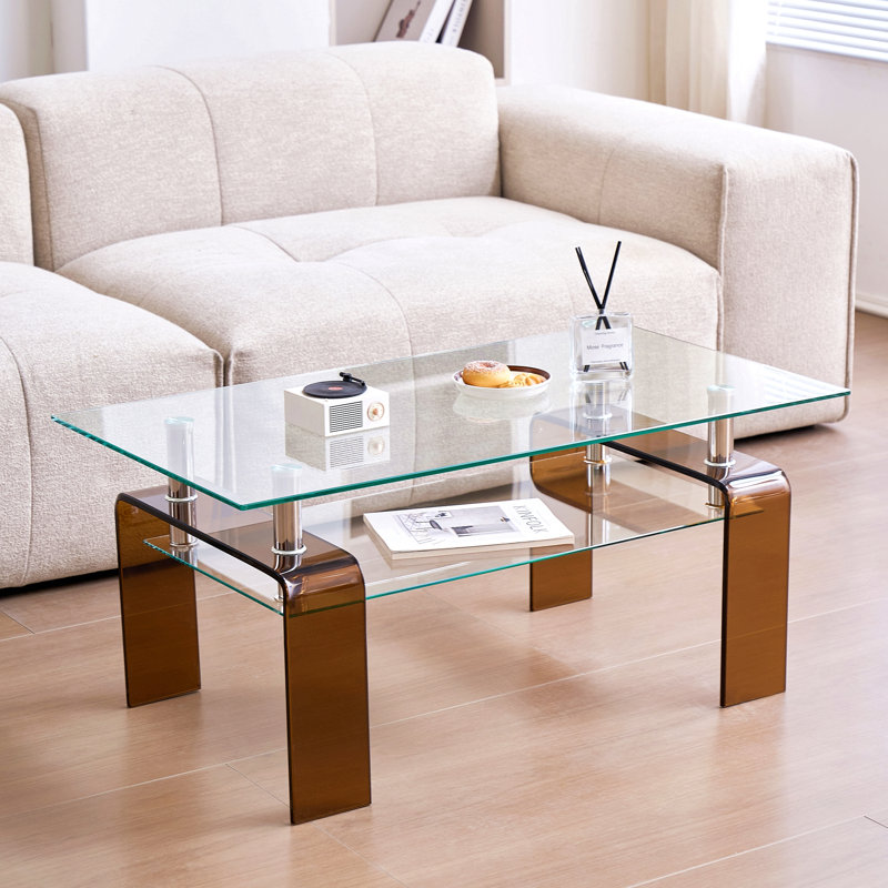 Table basse en verre trempé, table basse moderne en verre pour le salon, table basse à 2 niveaux avec pieds bruns, Orange