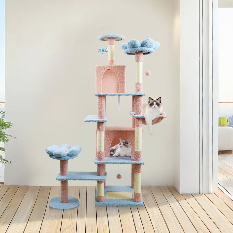 Arbre à chat 71 pouces avec grand coussin de fleurs amovible et hamac