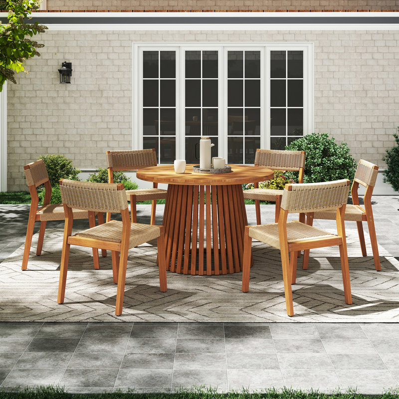 Outdoor 6-person Solid Wood Round Table And Dinning Chair Set