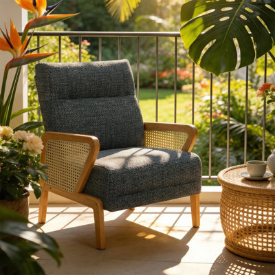 Upholstered Linen Accent Chair with Rattan Arms and Ash Wood Legs