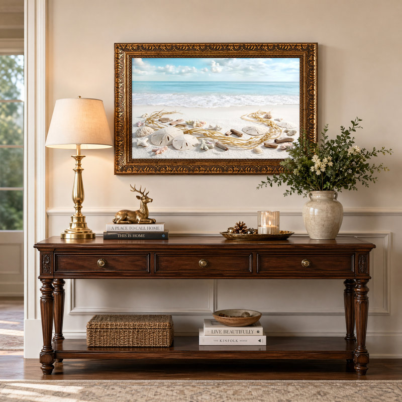Art mural en toile noyer doré encadré pour le salon, la chambre à coucher, le bureau ou le vestibule - décoration murale décorative avec scène de plage