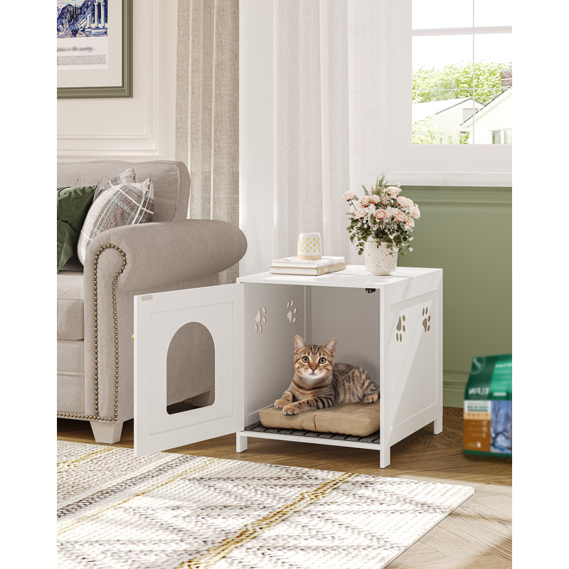 Cat Litter Box Enclosure, 52 cm L Hidden Litter Box Furniture, Wooden Indoor Pet House with Front Arched Door, Side End Table, Nightstand for Living Room, Bedroom, White 