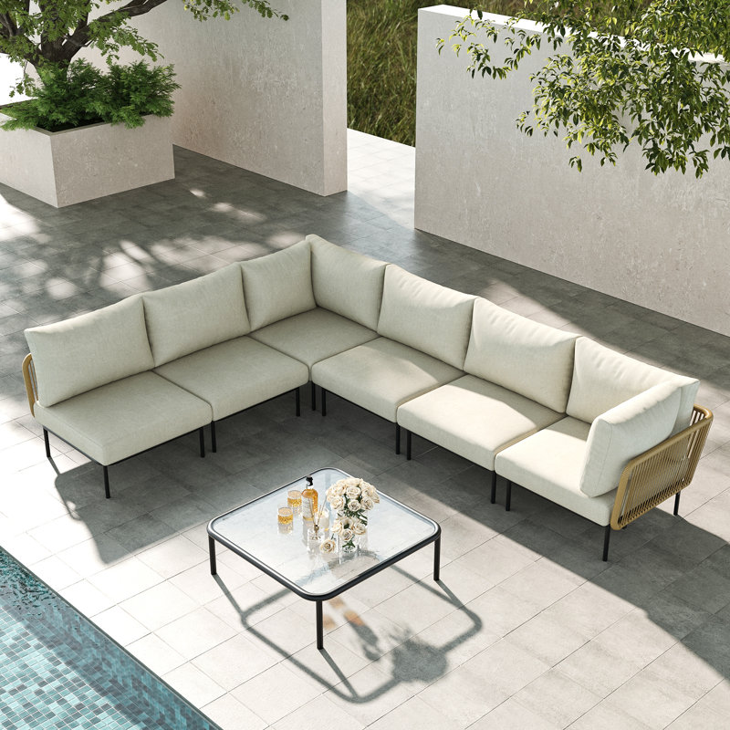 Layinsun Outdoor Patio Woven Rope Wicker Modular 7 Pieces Sectional Set With Fire Pit Table And Cushions