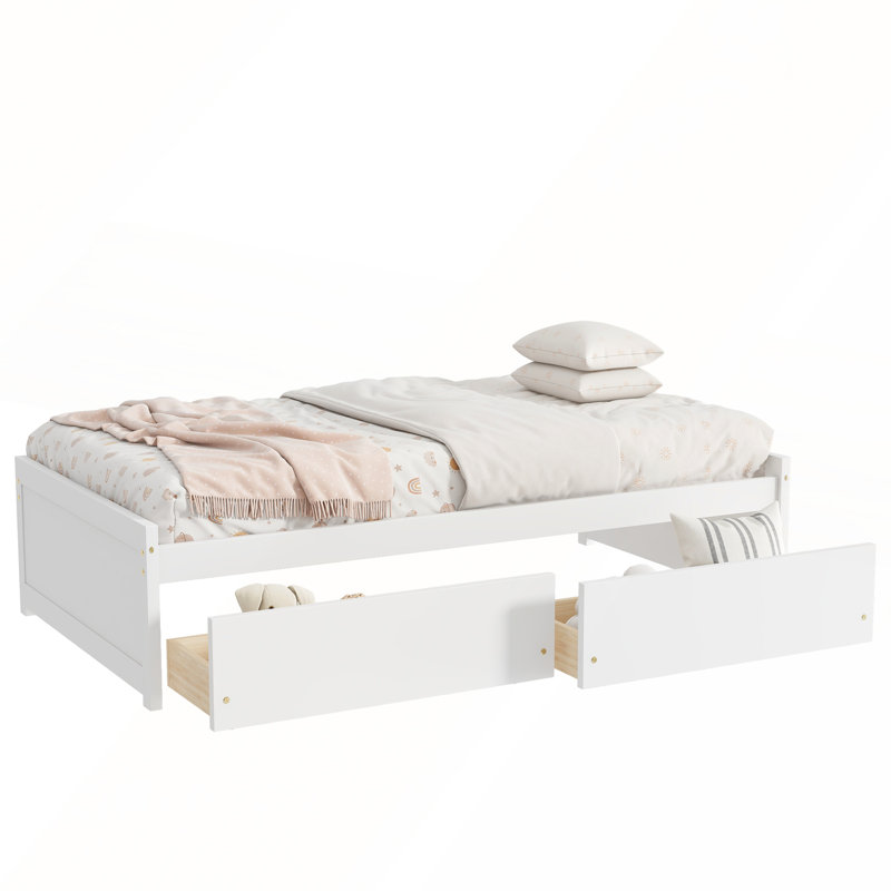 Lit simple avec 2 tiroirs spacieux, fabrication en bois d'hévéa massif pour les chambres modernes et fonctionnelles